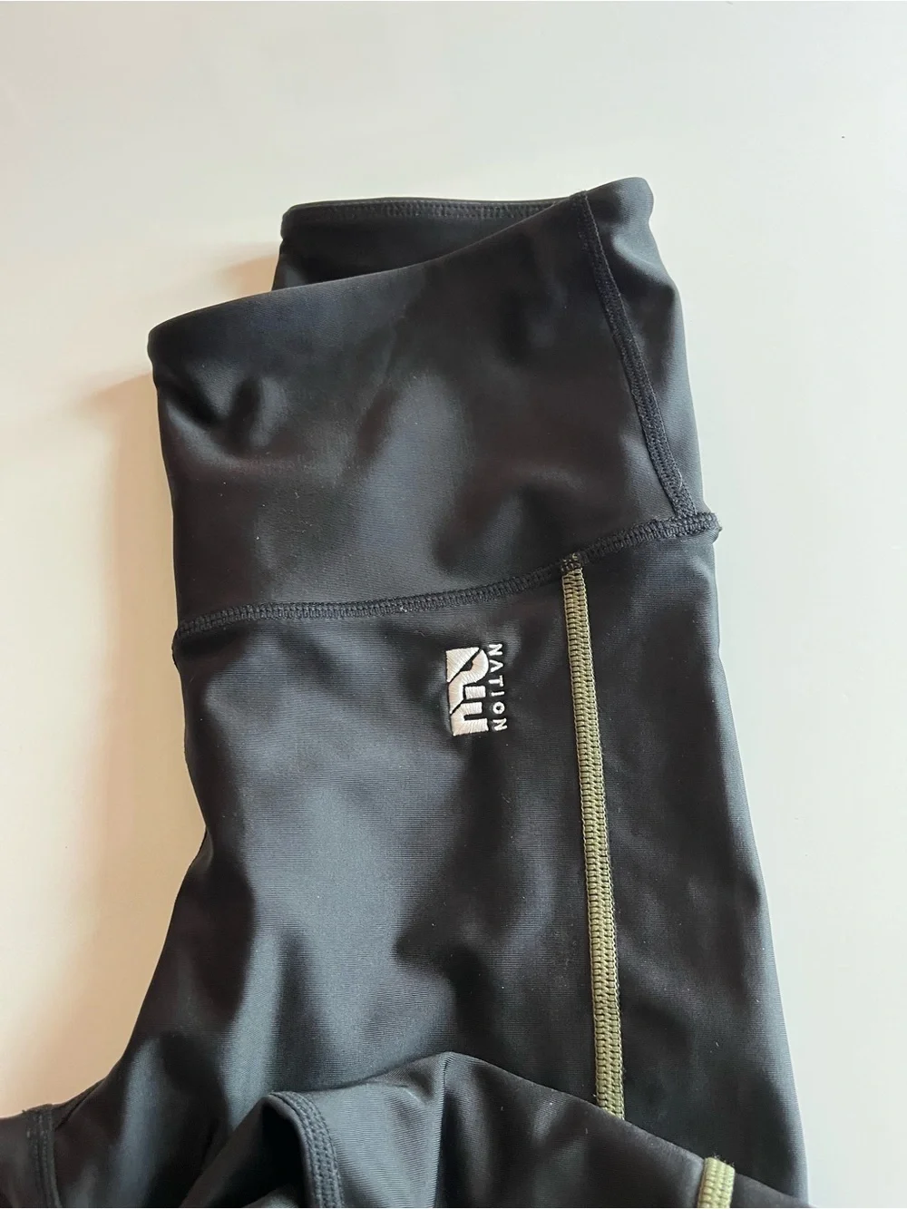 P.E Nation • Black Leggings with Olive Trim and White Logo